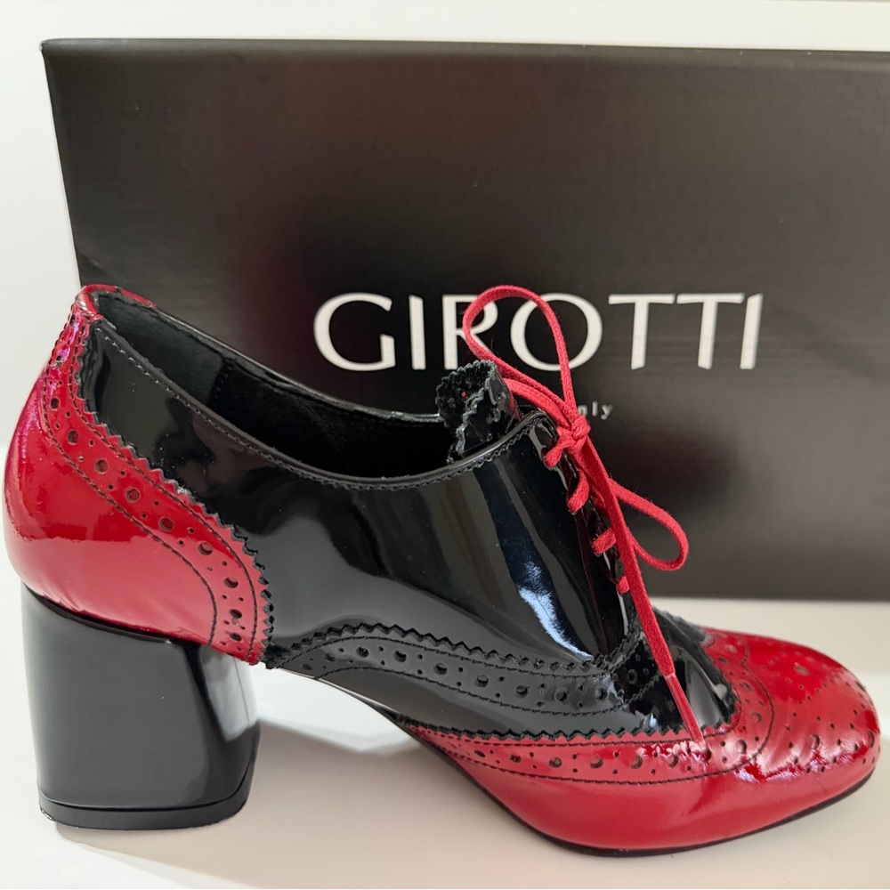 Girotti Custom Red and Black Patent Leather Lace-Up Block Heel Oxford Pumps 6.5